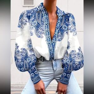 Boho floral print lantern sleeve  blouse